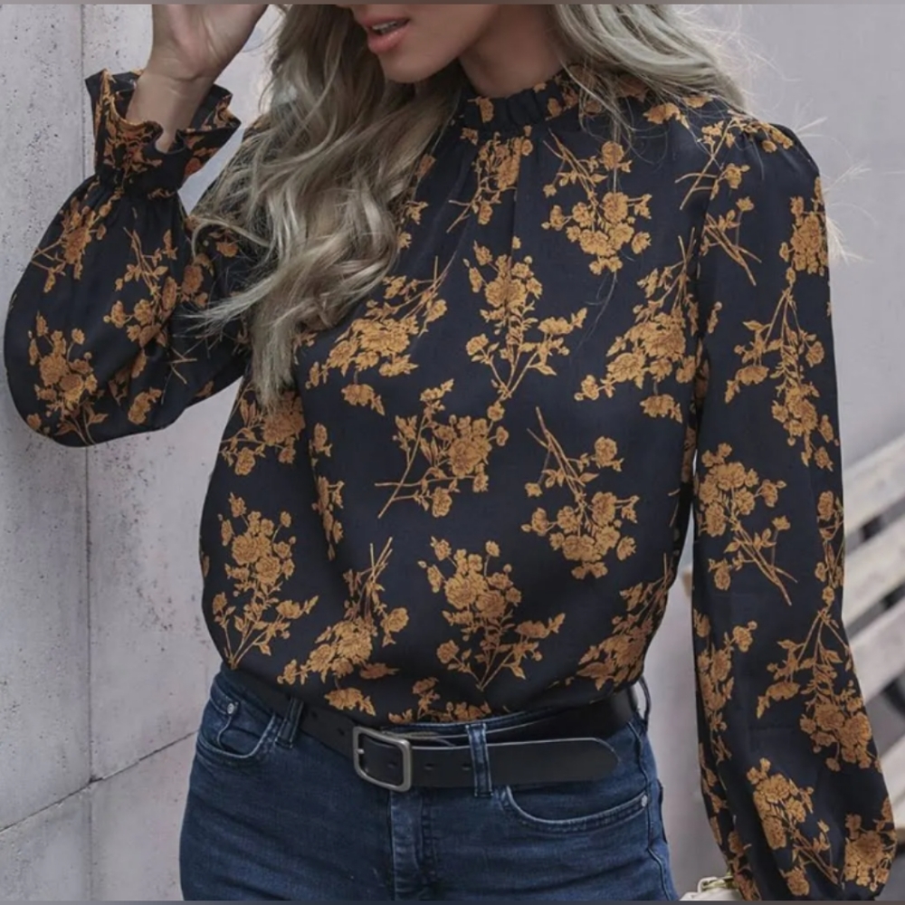 Bellanblue Tops Bohemian Yellow Floral Print Ruffle Classic Top Black Blouse